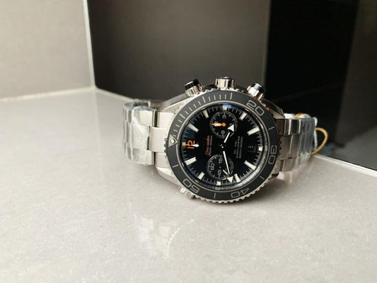 Planet Ocean SEAMASTER Chronometer OMF SS Black Matte Bezel Grey Dial on SS Bracelet A9900 (Black Balance Wheel)