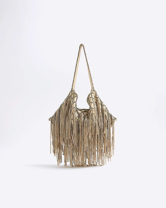 Cream Premium Crystal Fringe Shoulder Bag